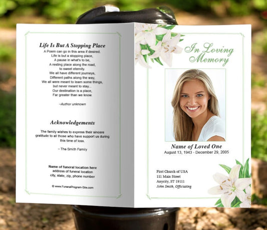 White Lilies Funeral Program Template