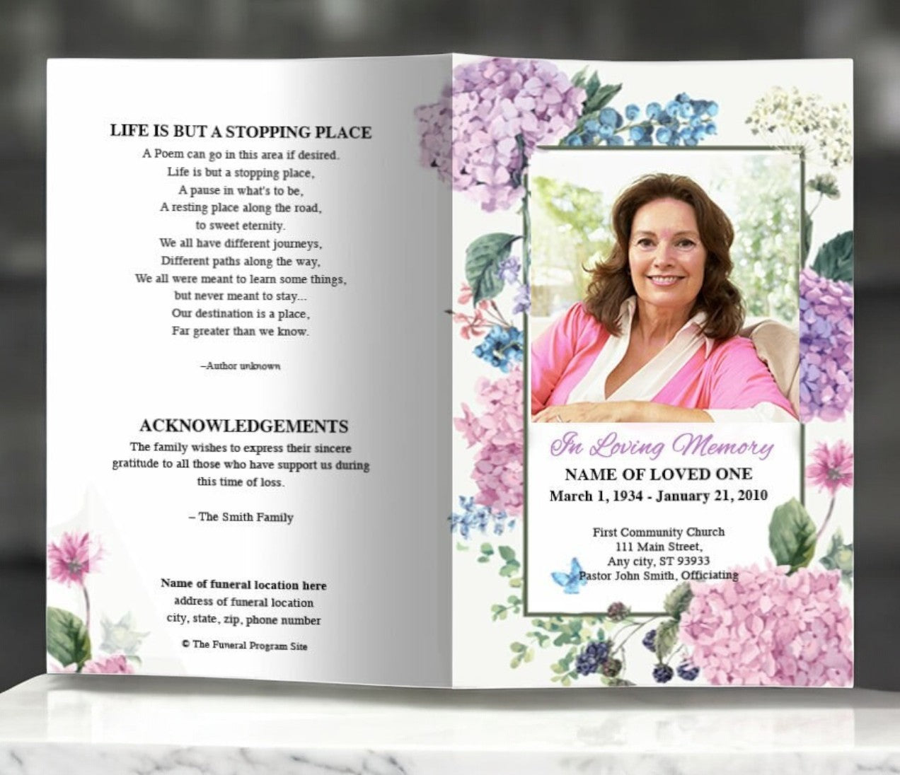 Hydrangea Watercolor Funeral Program Template