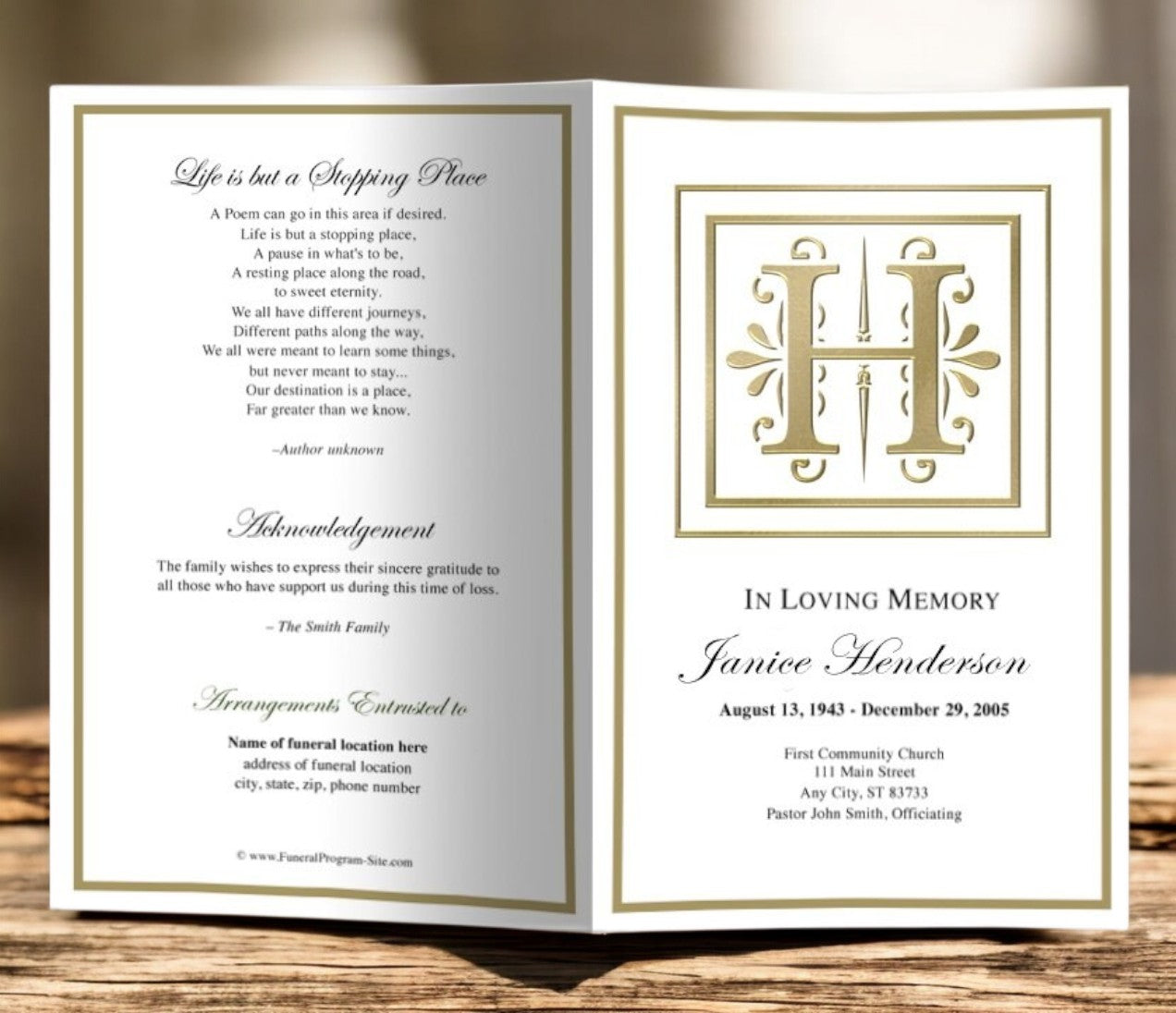 Monogram Gold H Funeral Program Template