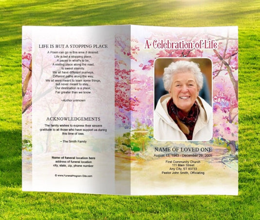 Cherry Blossom Watercolor Funeral Program Template