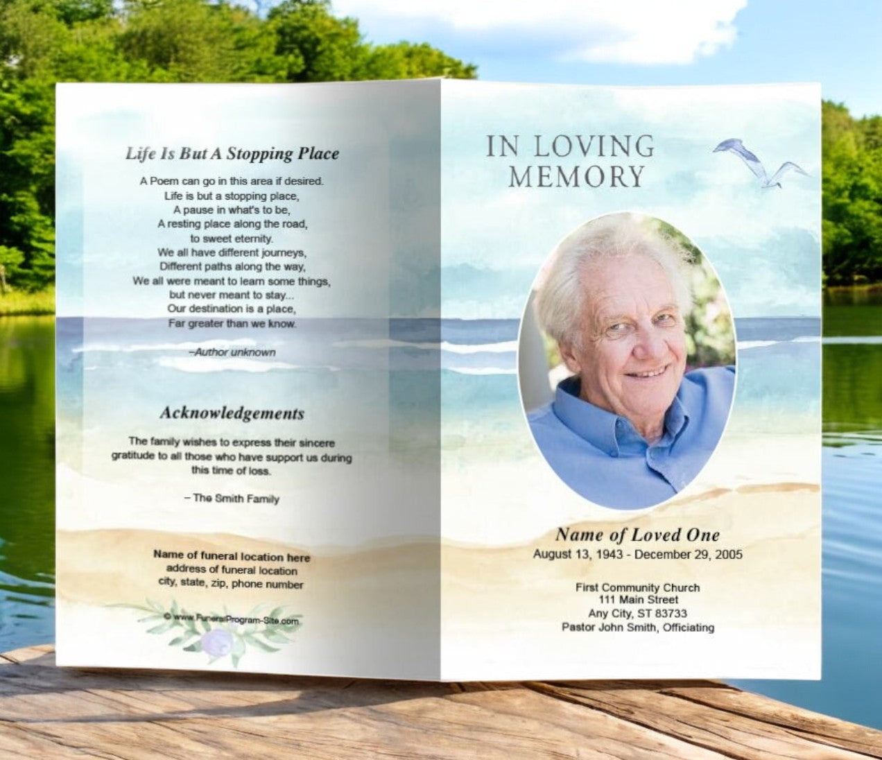 Beach Watercolor Funeral Program Template