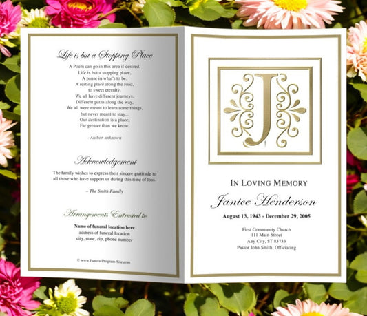 Monogram Gold J Funeral Program Template