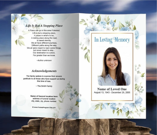 Blue Blossom Watercolor Funeral Program Template