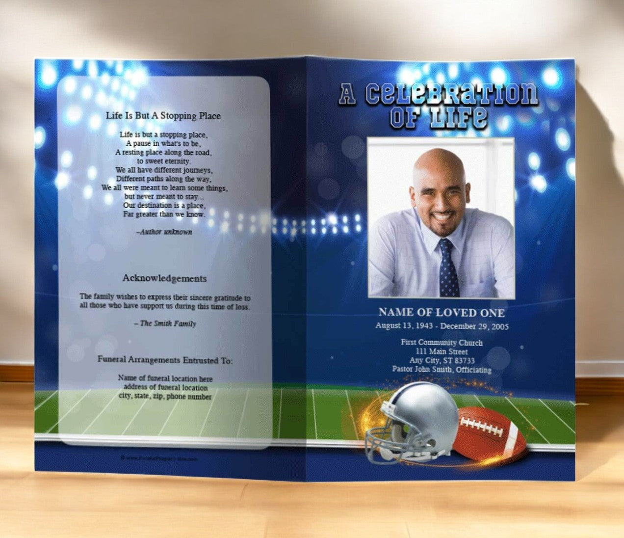 Navy Blue-Silver Football Team Color Funeral Program Template