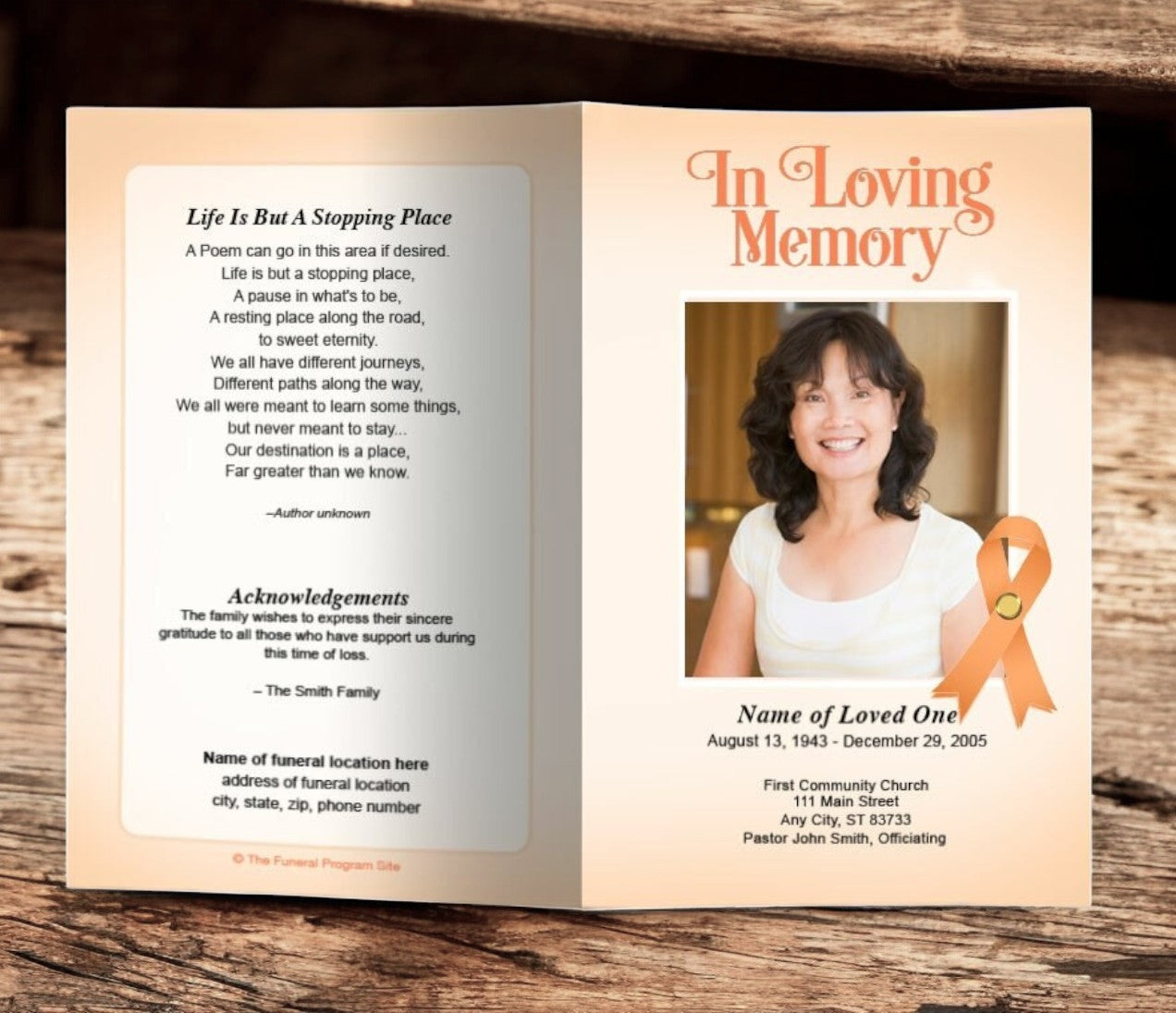 Uterine Cancer Peach Ribbon Funeral Program Template