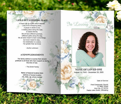 White Blossoms Watercolor Funeral Program Template