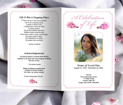 Pink Rose Funeral Program Template