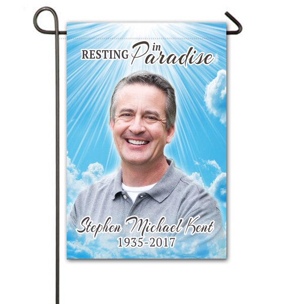 Blue Skies Personalized Memorial Garden Flag.