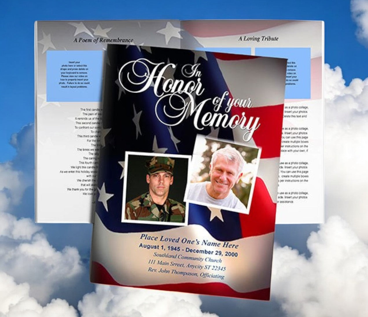 US Flag Large Funeral Booklet Template