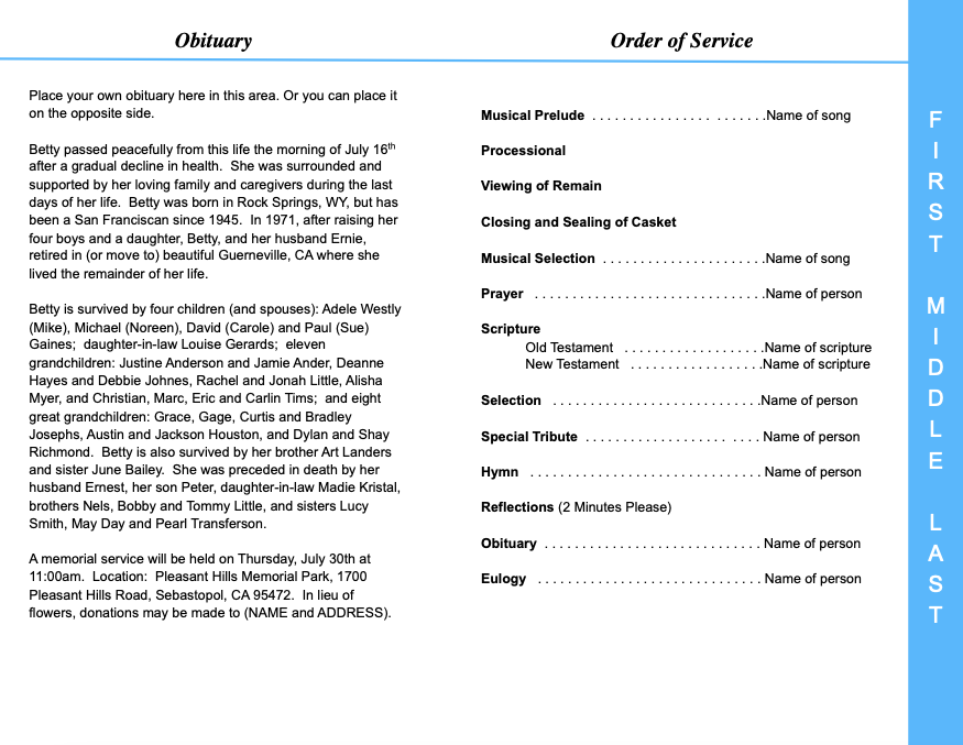 Treasure 4-Sided Graduated Funeral Program Template.