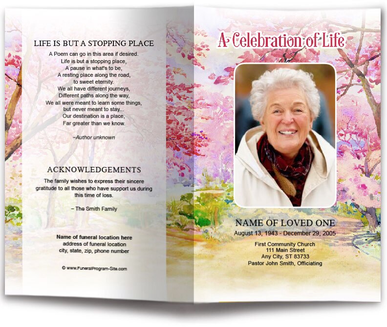 Cherry Blossom Watercolor Funeral Program Template – Funeral Program ...