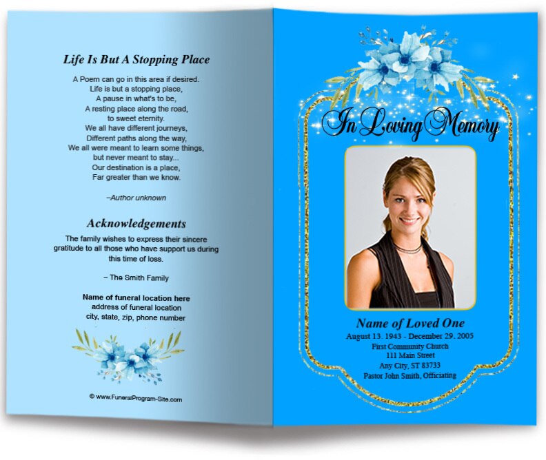 Floral Glitter Funeral Program Template.